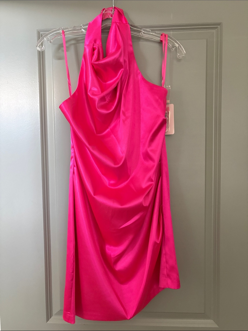 Hot Pink Satin Halter Drape Dress